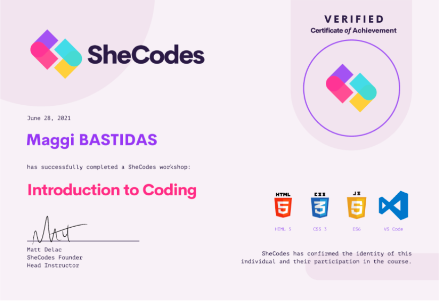 SheCodes Introduction Certificate